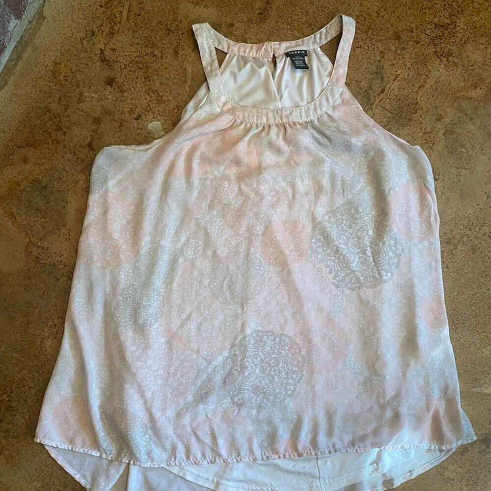 TORRID pink and grey medallion goddess high halter button neck flowy tunic top
